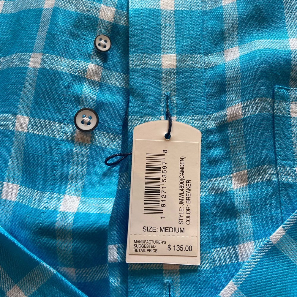 NWT johnnie-O, Men’s Medium L/S Button-Down Shirt, Teal and White, $80 - Picture 4 of 6